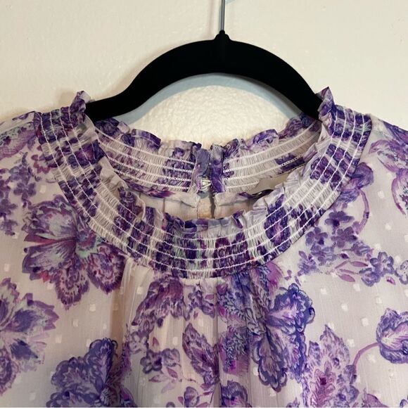 Loft Blouse Purple Floral Smocked Neck And Wrist Long Sleeve Size Small - Picture 4 of 8